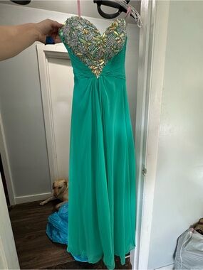 Strapless Beaded Teal Evening Gown
